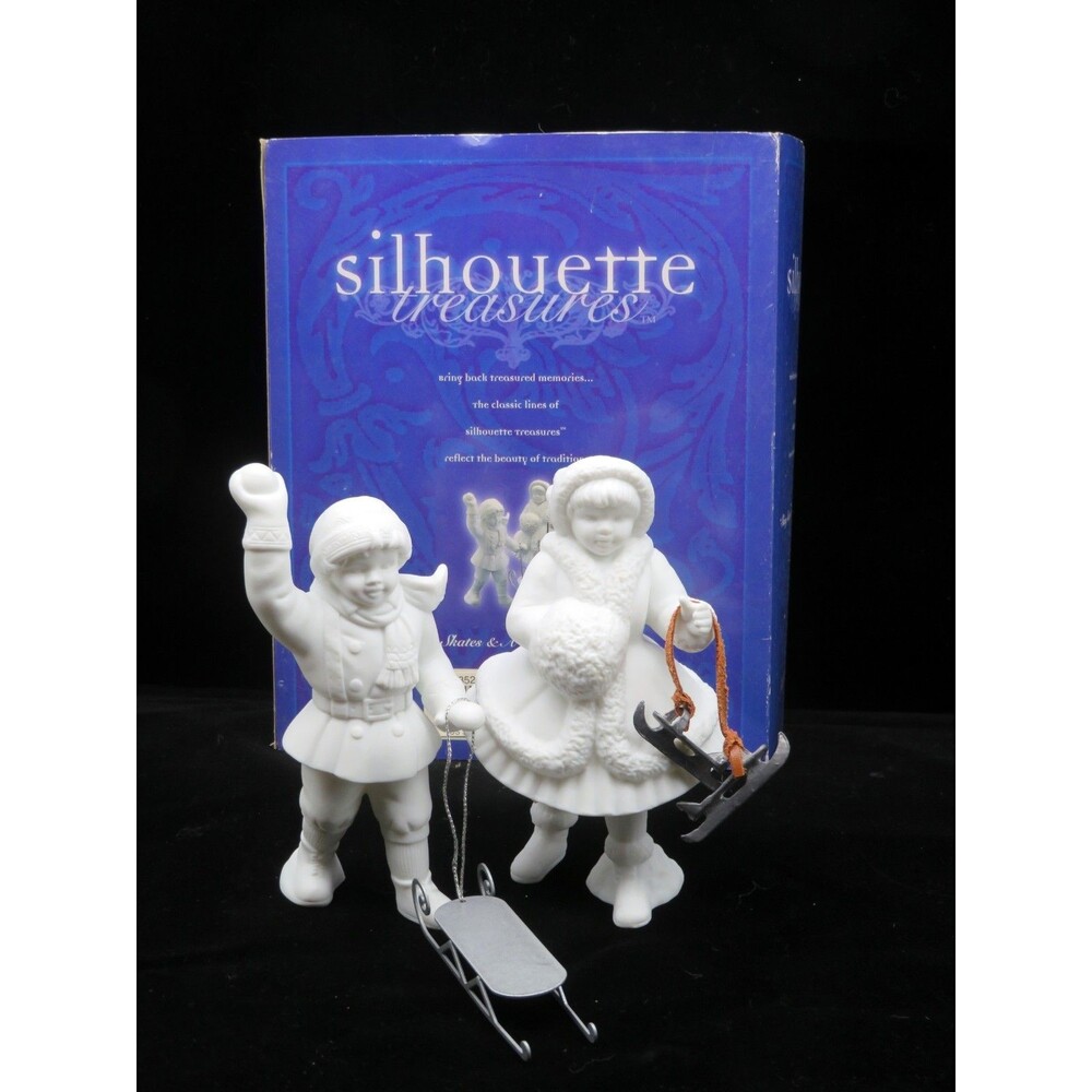 Dept 56 Winter Silhouette Shiny Skates & Brand New Sled Figurine Set 78522 Boxed